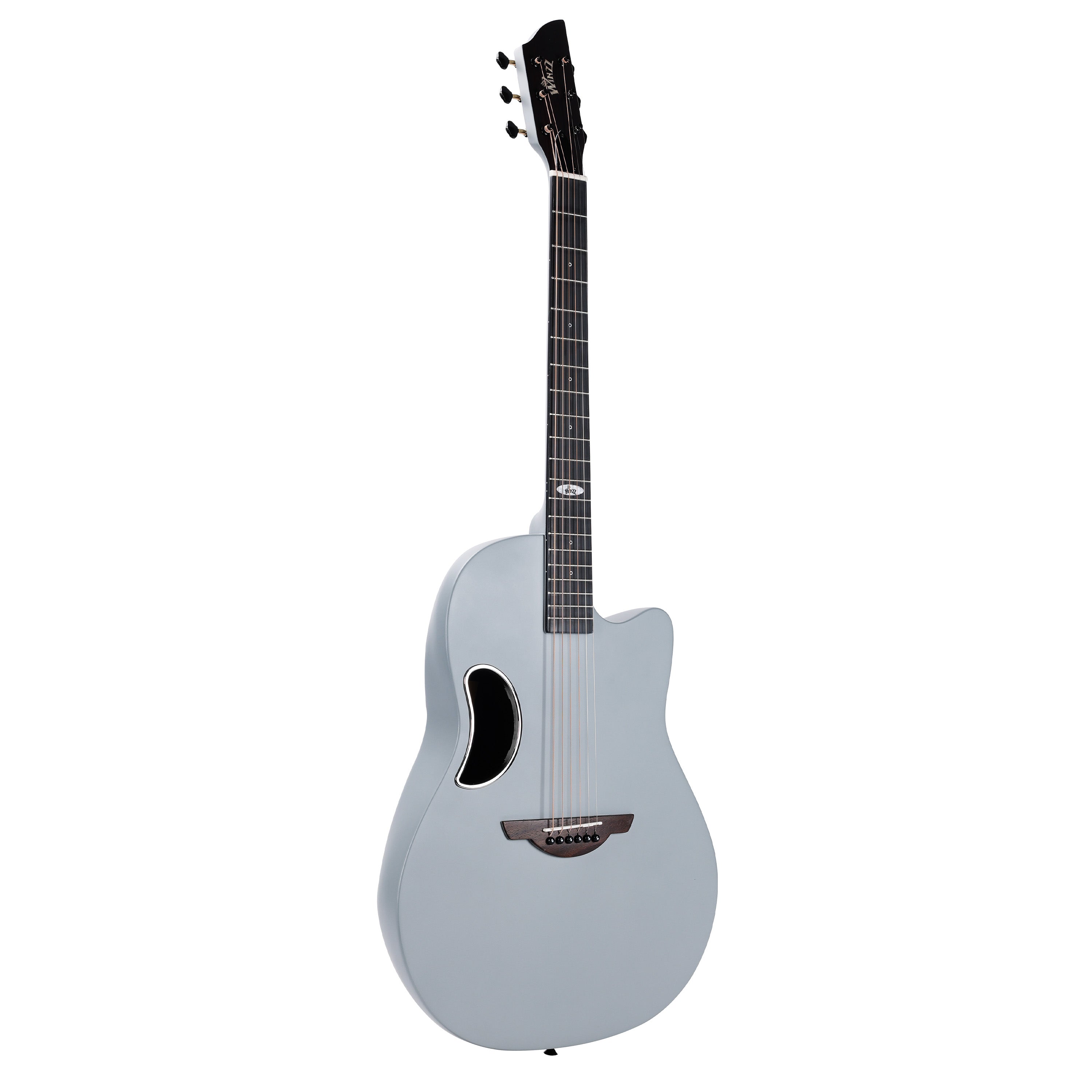 WINZZ AFO300C Solid Spruce Top Acoustic Guitar in matte grey with a carbon fiber back, offering a sleek design, exceptional durability, and crisp, clear sound